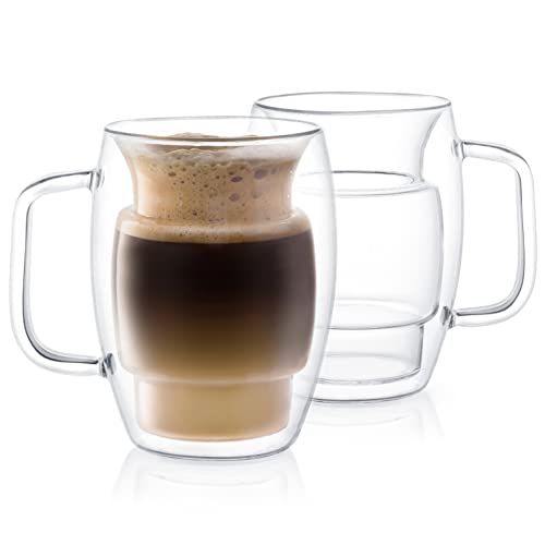JoyJolt Cadus Glass Coffee Cups Double Wall Insulated Mugs Set of 2 Latte Glasses 16Ounces