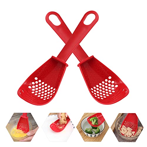 2 Pcs 6 in 1 Multifunctional Cooking Spoons 356°F Heat Resistant Colander Grater Masher Skimmer Scoop Egg Separator Egg Beater Garlic Press Crusher Rice Scoop Cooking Spoon (Red)