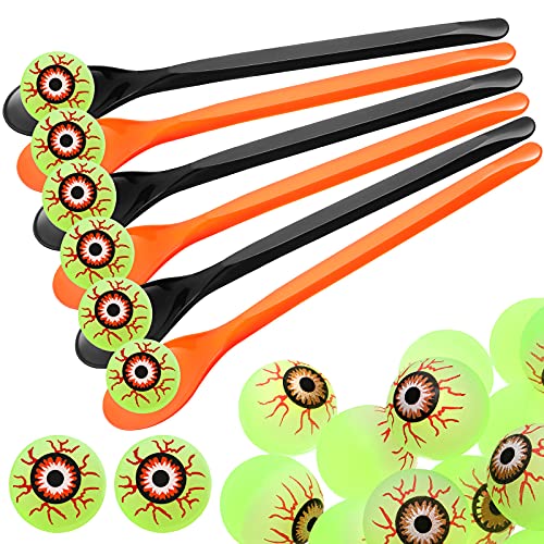 36 Pieces Halloween Egg and Spoon Race Game Set Egg and Spoon Relay Game 18 Halloween Glow in The Dark Bouncing Balls 18 Spoons for Halloween Outdoor Games for Kids Adults (Eyeball Style)