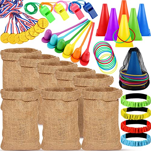 51 Pcs Carnival Outdoor Games Set Potato Sack Race Bags 3 Legged Race Bands Egg and Spoon Race Game Colorful Rings Cone Throwing Game with Prizes and Whistles for Family Yard Lawn Birthday Party Games