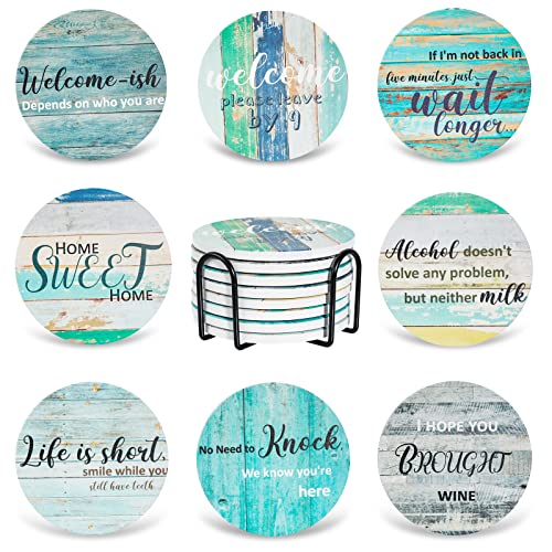 8 Pcs Ceramic Drink Coasters with Funny Sayings 4 Inches Absorbent Coaster Sets with Holder Suitable for All Kinds of Cups Tabletop Protection