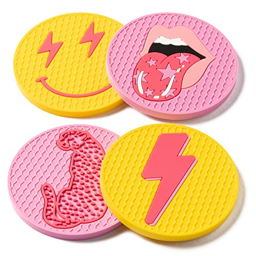 AellasNervalt 4Pcs Preppy Car Cup Coaster Smile Face Lightning Bolt Leopard Lip Silicone Drink Coasters NonSlip Heat Resistant Cups Mat Cup Holders Auto Accessories for Teen Girls Pink Yellow 28 in
