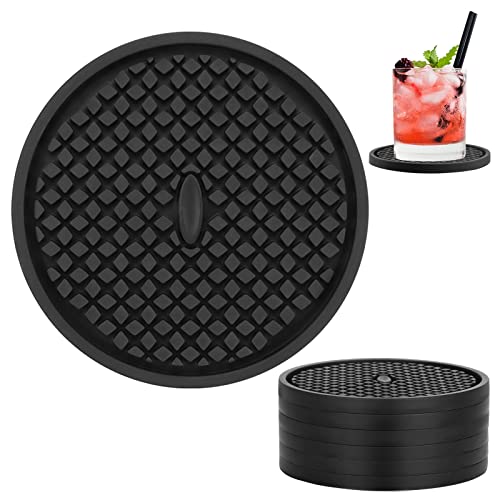 Coasters for Drinks Silicone Coasters Set of 6 Cup Mat Deep Tray  NonSlip Base  NonStick Heat Resistant Coasters for Prevents Furniture and Tabletop Damages  Black