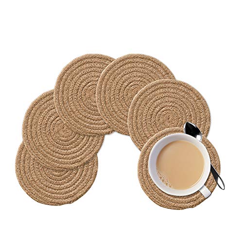 Gracelife 6pcs Cup Mat Pure Cotton Thread Weave Round Drink Hot Pads Mats Set Absorbent Scaldproof Drink Coasters (Jute color)