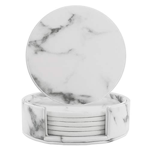 Leather Coasters with Holder Set of 6Marble Coasters for DrinksFunny Housewarming GiftRound Cup Mat Pad for Home and Kitchen