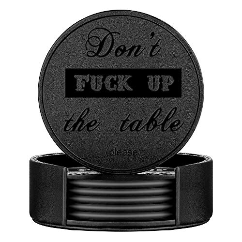 Thipoten Funny Coasters 6 Pcs Leather Coasters with Holder Perfect Housewarming Hostess Gifts Protect Furniture from Water Marks Scratch and Damage(6Pcs Black)