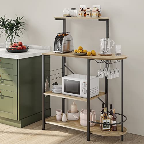 Bestier Kitchen Bakers Rack with Storage and Wine Glass Holder Microwave Oven Stand Utility Storage Shelf with Hutch Kitchen Rack Organizer Coffee Bar Table Oak