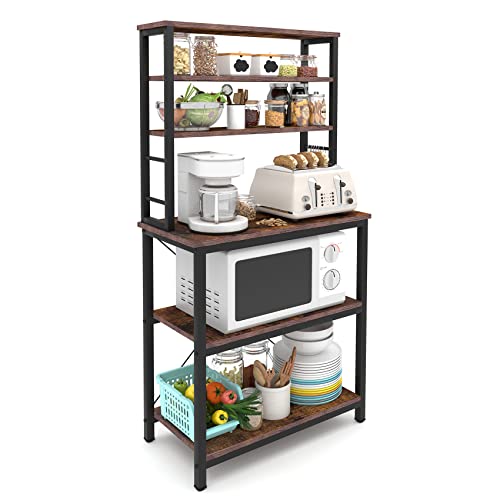 Bigbiglife Bakers Rack Coffee Bar Microwave Oven Stand Utility Kitchen Storage Shelf with 6 Hooks Industrial Rustic Brown
