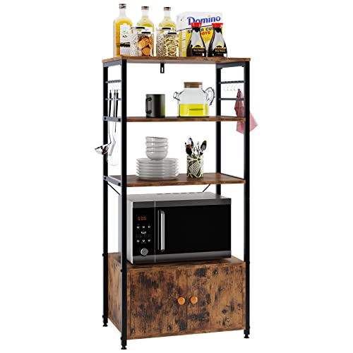 DlandHome Industrial Kitchen Standing Bakers Rack with Storage Cabinet and 10 Hooks Large Utility Storage Shelf Microwave Oven Stand Rack Floor Standing Spice Rack Organizer Workstation