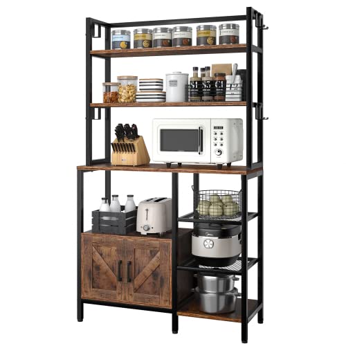 EnHomee 6Tier Kitchen Bakers Rack with Hutch Industrial Microwave Oven Stand with Shelves Kitchen Utility Storage Shelf with Cabinet  8 Hooks Kitchen Storage Rack with Hutch Rustic Brown