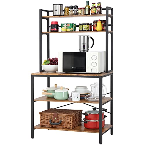Finnhomy 5Tier Kitchen Bakers Rack with Storage Freestanding Microwave Oven Stand with Hutch Wood Kitchen Rack with Shelves for Living Room Pantry 1575 D x 315 W x 675 H Rustic Brown