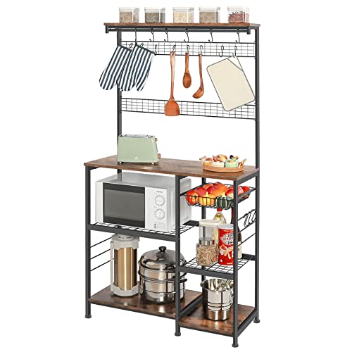 Kitchen Bakers Rack 68inch Microwave Oven Stand with Storage Shelf 8 Hooks  15 S Hooks  Wire Basker Drawer 4 Tier Utility Storage Shelf with Mesh Panels for Utensils Pots Pans SpicesBrown