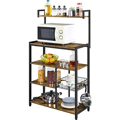 Yaheetech Bakers Racks with Wire Basket  6 Hooks Microwave Oven Stand for Kitchen with 5Tier Storage Shelves Coffee Station with Utility Storage Shelf 32 x 15 x 56 inches Rustic Brown