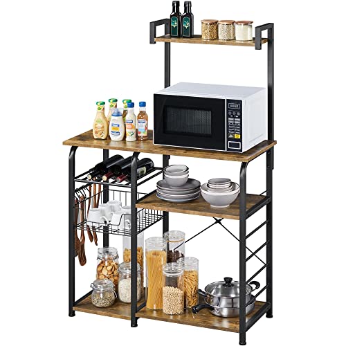 Yaheetech Kitchen Bakers Rack Free Standing Utility Storage Shelf 4Tier Microwave Oven Stand w10 SHooks Organizer Rack for SpicesPotsPans Rustic Brown
