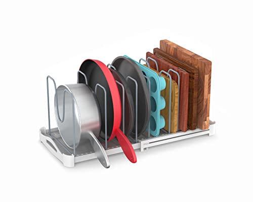 EVERIE Adjustable Bakeware Organizer Pot Lid Holder Rack for Pots Cake Molds Cutting Boards Mats Cookware GS02SS