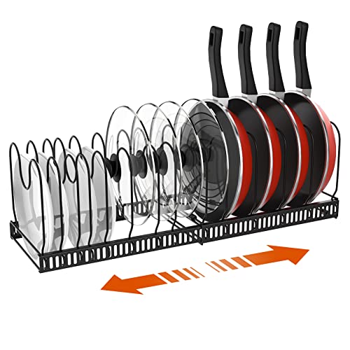 Housolution Pot and Pan Organizer Rack for Cabinet Expandable Pot Lid Organizer Holder with 14 Adjustable Dividers Cutting Board Cookware Organizer for Kitchen Black