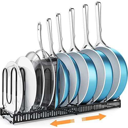Pot and Pan Organizer Rack for Cabinet  Expandable ORDORA Cutting Board Pot Lid Organizer Holder with 11 Adjustable Dividers for Kitchen Cabinet Cookware Baking Frying Rack