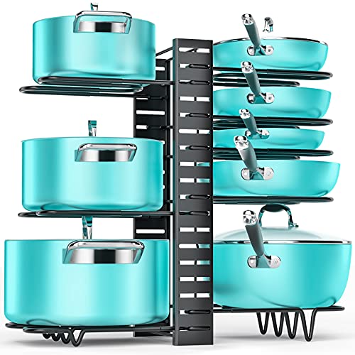 Pots and Pans Organizer for Cabinet  MUDEELA Pan Organizer Rack for Cabinet with 3 DIY Methods Adjustable Pot Organizer Rack with 8 Tiers Pan Pot Rack for Kitchen Cabinet Organizer and Storage