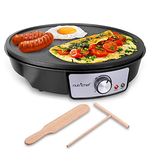 Electric Griddle Crepe Maker Cooktop  Nonstick 12 Inch Aluminum Hot Plate with LED Indicator Lights  Adjustable Temperature Control  Wooden Spatula  Batter Spreader Included  NutriChef PCRM12