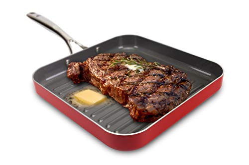 EaZy MealZ Square NonStick Grill Pan for Stove Light weight Perfect Grill Marks Oven Safe up to 500 Degrees Large 105 Red