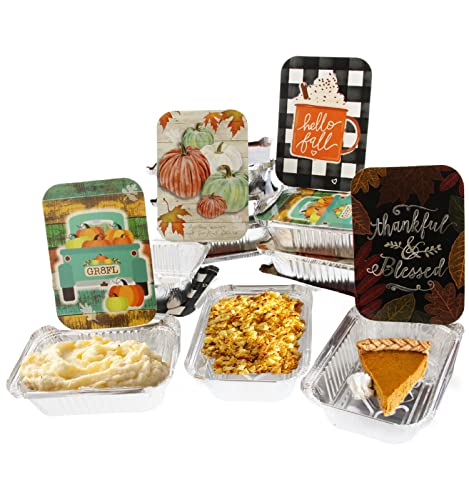 Gias Kitchen Thanksgiving Foil Pans with Lids 24 Piece Set of 12 Rectangular Disposable Aluminum Pans Perfect for Leftovers Holiday Treats Gift Giving  Assorted Fall Harvest Designs