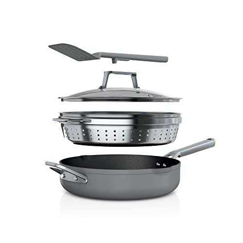 Ninja CW102GY Foodi NeverStick PossiblePan Premium Set with 4Quart Capacity Pan SteamerStrainer Basket Glass Lid  Integrated Spatula Nonstick Durable  Oven Safe to 500°F Sea Salt Grey