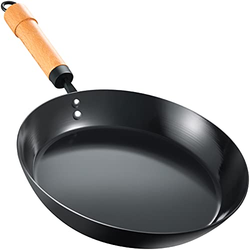 Carbon Steel Skillet 95 Inch Black Iron Pans with Detachable Wooden Handle No Nonstick Coating Frying Omelette Pan  Compatible Induction