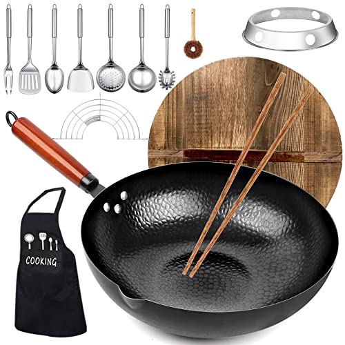 Carbon Steel Wok Pan KAQINU 14 Piece Woks  StirFry Pans Set with Wooden Lid  Cookwares No Chemical Coated Flat Bottom Chinese Woks Pan for Induction Electric Gas Halogen All Stoves  126