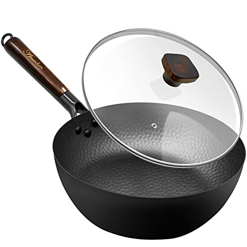 Frying Pan with Lid Skillet Nonstick Aneder 10 inch Carbon Steel Wok Pan Woks and Stir Fry Pans for ElectricInduction and Gas Stoves