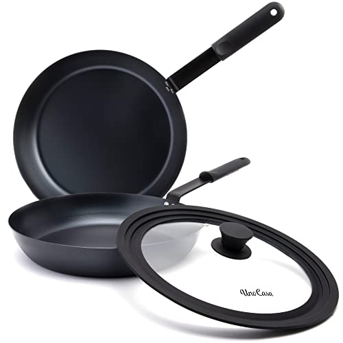 Uno Casa Carbon Steel Pan 12 Inch  NonStick Blue Carbon Steel Frying Pan with Universal Lid Quick Heating Carbon Steel Skillet  Carbon Steel Chef Pan with Removable Silicone Handle