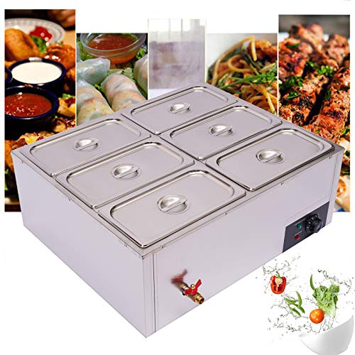 Fichiouy 850W Commercial 6Pan Electric Countertop Steam Food Warmer Stainless Steel Buffet Large Capacity 6 Lids Table Steamer Bain Marie for Restaurant