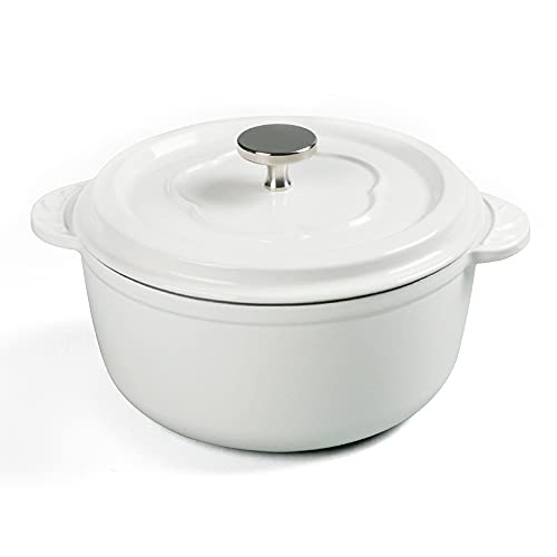 MCOOKER 5 Quart Round Enameled Cast Iron Dutch Oven with Lid Leaf Design Handle for Baking Roasting Braising White