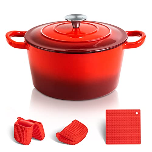 MICHELANGELO Dutch Oven Cast Iron 5 Quart Dutch Oven Pot With Lid Cast Iron Dutch Oven Enameled Dutch Oven With Silicone Handles  Mat Dutch Oven 5 Qt Red