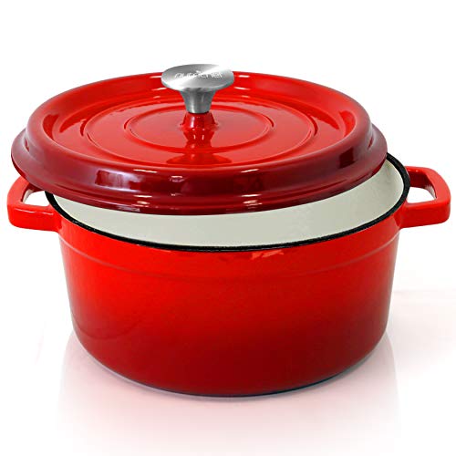 NutriChef Enameled Cast Iron Dutch Oven  5Quart Kitchen Round Dutch Oven Stovetop Casserole Cookware Braising Pot Porcelain Enamel Coated CastIron Baking Pots w Self Basting Lid  NCCIEC45 (Red)Medium