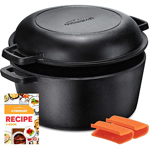 Overmont 2 in 1 Dutch Oven with Skillet Lid Cookbook Recipe 5 QT Cast Iron Casserole Pot  16 QT Skillet Lid Pre Seasoned with Handle Covers for Camping Home Cooking BBQ Baking Model OV007