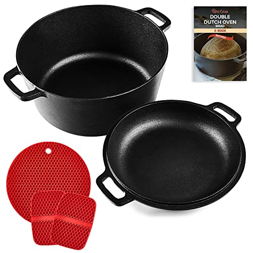 Uno Casa 2in1 Cast Iron Dutch Oven  5 Quart Dutch Oven Pot with Lid Cast Iron PreSeasoned Cast Iron Dutch Oven 5 Quart with Frying Pan Cast Iron Pot