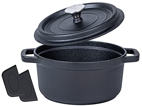 Bruntmor PreSeasoned Cast Iron Dutch Oven Pot for Cooking Basting or Bread Baking Lid and Dual Loop Handle  wSilicone Accessories 4 Quarts  Perfect for Camping Home Cooking and BBQ Making