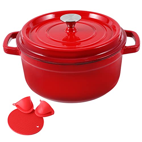Enameled Cast Iron Dutch Oven Preseasoned Pot with Lid  Handles 4 Quart Enamel Coated Cookware Pot with Silicone Handles and Mat for Cooking Basting or Baking Red
