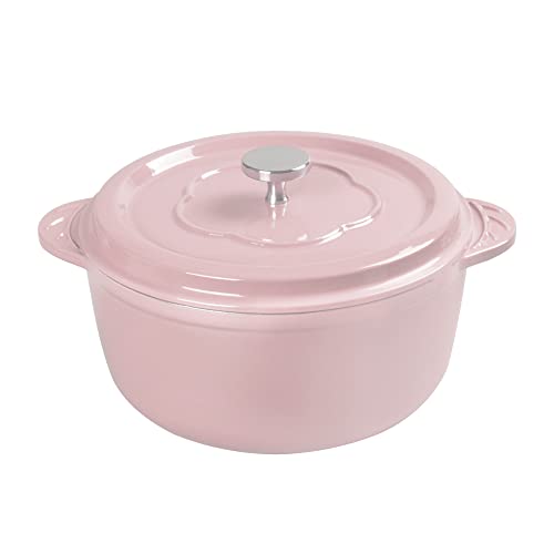 MCOOKER 4 Quart Round Enameled Cast Iron Dutch Oven with Lid Leaf Design Handle for Baking Roasting Braising Pink