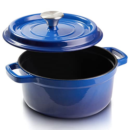 ZQBTC Enamel Cast Iron Covered Dutch Oven Pot with Lid for Bread Baking Use on Gas Electric Oven 4 Quart(Blue 45 People)
