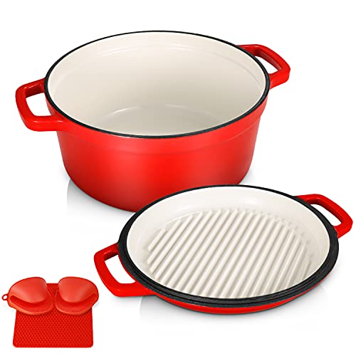 2 in 1 Enameled Cast Iron Dutch Oven 55QT Enamel Dutch Oven with Skillet Lid Gas Induction Compatible Red