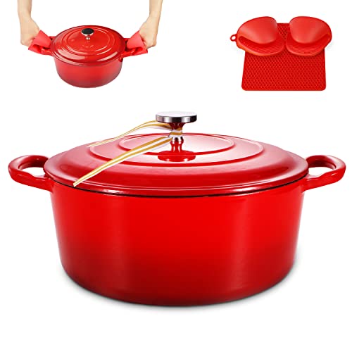 45 Quart Enamel Cast Iron Dutch Oven with Loop Handles Covered Dutch Oven Enamel Stockpot with Lid Red