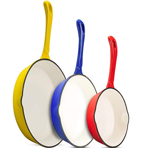Klee Enameled Cast Iron Skillet Set of 3 (7inch 85inch 10inch)  Multipurpose Cooking Pan with Porcelain Enamel Coating and Pour Spout  Safe in Any Stovetop and Oven Up To 500°F