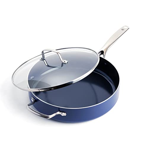 Blue Diamond Cookware Diamond Infused Ceramic Nonstick 5QT Saute Pan Jumbo Cooker with Helper Handle and Lid PFASFree Dishwasher Safe Oven Safe Blue