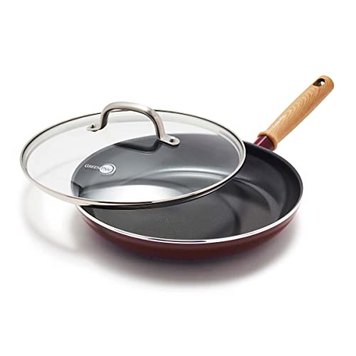 GreenPan Hudson Healthy Ceramic Nonstick 11 Frying Pan Skillet with Lid Wood Inspired Handle PFASFree Dishwasher Safe Merlot Red