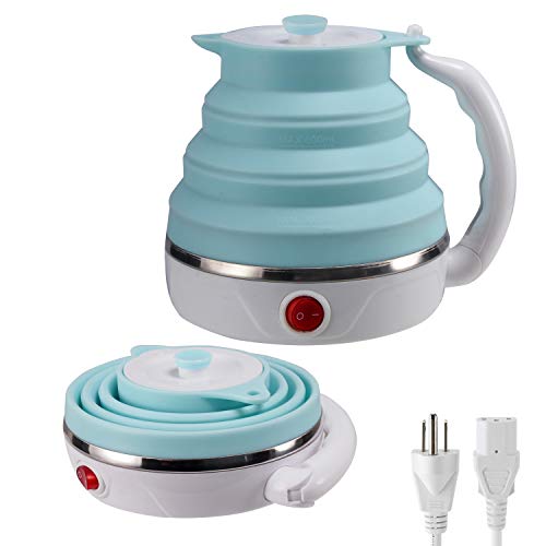 Travel Foldable Electric Kettle Collapsible Electric Kettle Food Grade Silicone Small Electric Kettle Boiling waterDual Voltage（600ml110220V US Plug） (Blue)
