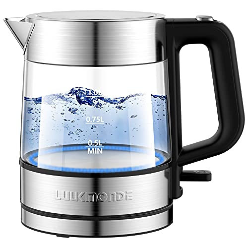 LUUKMONDE 1500W Electric Kettle 1 L Glass Electric Tea Kettle Light Weight Cordless Water Boiler with LED Indicator AutoShutoff  BoilDry Protection BPA Free