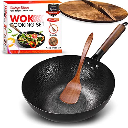 Gold Dragon Heritage Edition Carbon Steel Wok Pan with Lid  125 Nonstick Restaurant Quality Wok Set for Flavorful Cooking  Traditional HandHammered Stir Fry Pan  Round Flat Bottom Wok