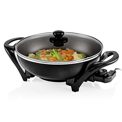 Ovente 13 Inch Electric Kitchen Skillet with Nonstick Aluminum Coated Surface  Glass Lid Cover Indoor Countertop Cooking Wok with Temperature Control and Handle Compact Easy Clean Black SK3113B