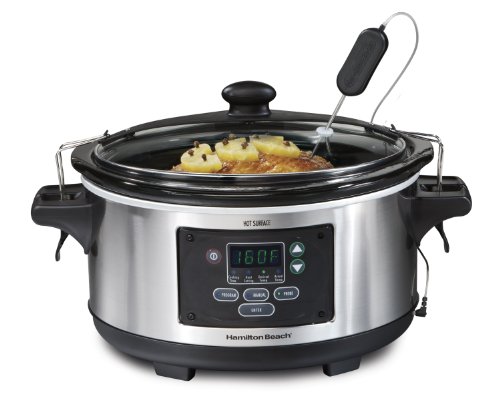 Hamilton Beach Portable 6Quart Set  Forget Digital Programmable Slow Cooker with Lid Lock Temperature Probe Stainless Steel